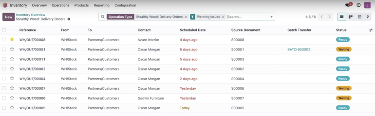 The Inventory Overview screen in Odoo displays a list of items and details for each including reference number, contact name, scheduled delivery date, delivery status and more.